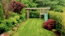 A Japanese-themed back yard featuring Bamboo screen hedge, and a pergola-styled swing set