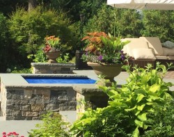Floriferous containers flank a jacuzzi in this Needham back yard